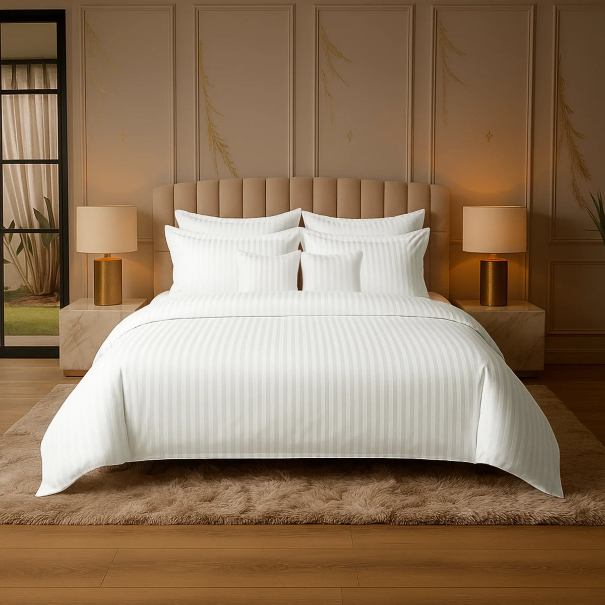 8 Pcs Comforter Set IVORY STRIPE ( light weight filling )